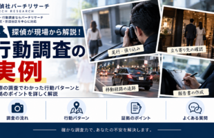 行動調査の実例。尾行・張り込み、立ち寄り先の確認、移動経路の追跡、報告書の作成