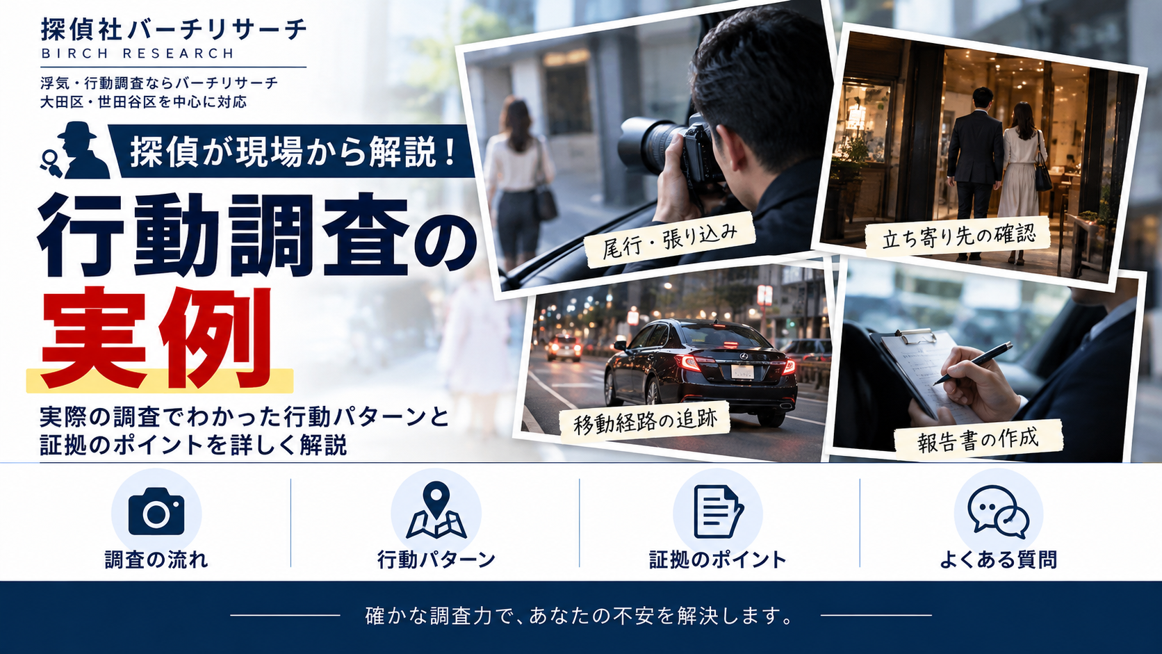 行動調査の実例。尾行・張り込み、立ち寄り先の確認、移動経路の追跡、報告書の作成